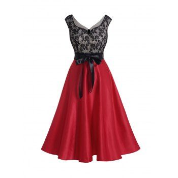 

Contrast Colorblock Flower Lace Party Dress Bowknot Sweetheart Neck High Waist Midi Dress, Red