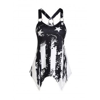 

American Flag Casual Tank Top Star Striped Print O Ring Cut Out Handkerchief Summer Top, Black