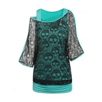 

Skull Lace Insert Faux Twinset Top, Light green