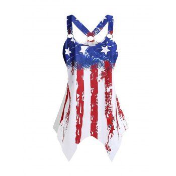 

American Flag Casual Tank Top Star Striped Print O Ring Cut Out Handkerchief Summer Top, Blue