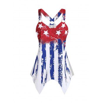 

American Flag Casual Tank Top Star Striped Print O Ring Cut Out Handkerchief Summer Top, Red