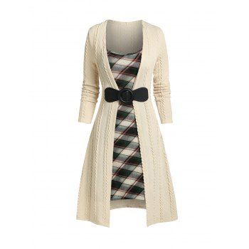 

Patchwork Buckled Plaid Cable Knit Dress, Light yellow