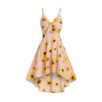 

Vacation Sunflower Print Sundress Spaghetti Strap Summer High Low A Line Dress, Light pink