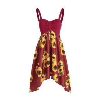 

Garden Party Dress Sunflower Print Vacation Dress Asymmetrical Empire Waist Ruched Cami Dress, Deep red