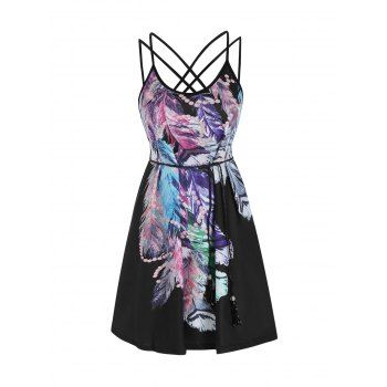 

Feather Print Crisscross Strappy Belted A Line Mini Dress, Black