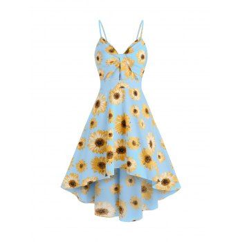 

Vacation Sunflower Print Sundress Spaghetti Strap Summer High Low A Line Dress, Light blue