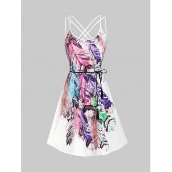 

Feather Print Crisscross Strappy Belted A Line Mini Dress, White