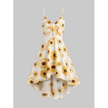 

Vacation Sunflower Print Sundress Spaghetti Strap Summer High Low A Line Dress, Sun yellow