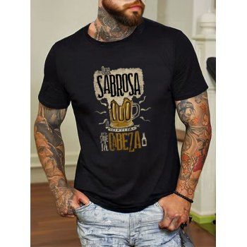 

Beer and Letter Print T Shirt Cotton Round Neck Casual Tee, White