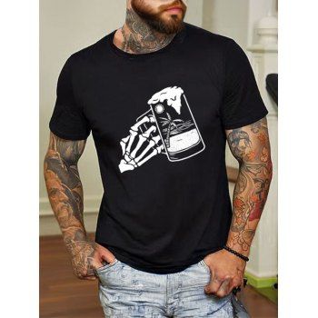 

Beer and Skull Print T Shirt Cotton Short Sleeve Round Neck Top, White