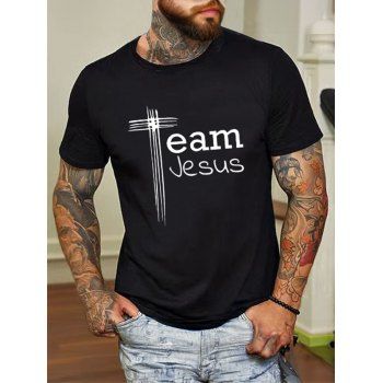 

Slogan Print T Shirt Cotton Round Neck Short Sleeve Tee, Black