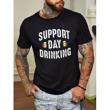 

Slogan and Beer Print T Shirt 100% Cotton Round Neck Casual Tee, Black