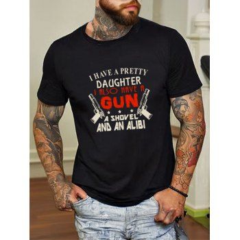 

Slogan and Gun Print T Shirt Round Neck Short Sleeve Casual Tee, Black