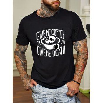 

Skull Cup and Slogan Print T Shirt Round Neck Short Sleeve Casual Tee, Black