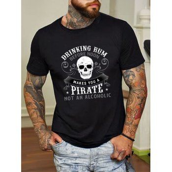 

Skull and Slogan Print T Shirt Short Sleeve Round Neck Casual Tee, Black