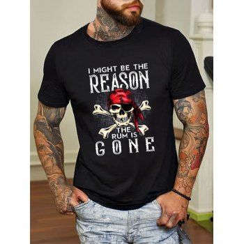 

Skull and Slogan Print T Shirt Cotton Round Neck Top, Black