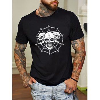 

Skull Spider Web Print Short Sleeve T-shirt Round Neck Causal Cotton Tee, Black