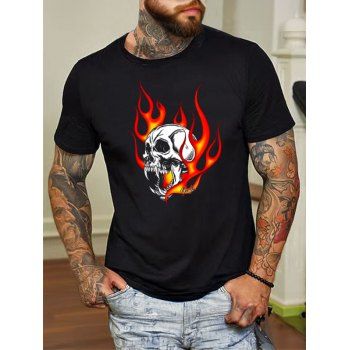 

Flame Skull Print Short Sleeve T-shirt Round Neck Casual Tee, Black