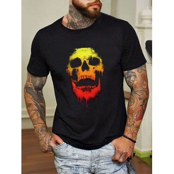 

Skull Painting Print Short Sleeve T-shirt Round Neck Cotton Casual Tee, Black