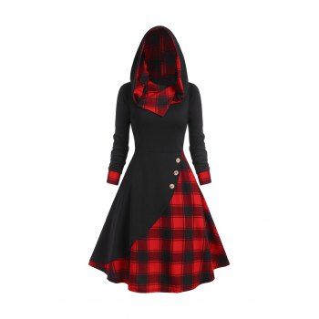 

Plaid Hooded Mock Button Overlap Midi Dress, Black