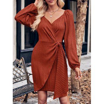 

Plain Color Knot Knit Dress Sweetheart Collar Long Sleeve Mini Dress, Deep red