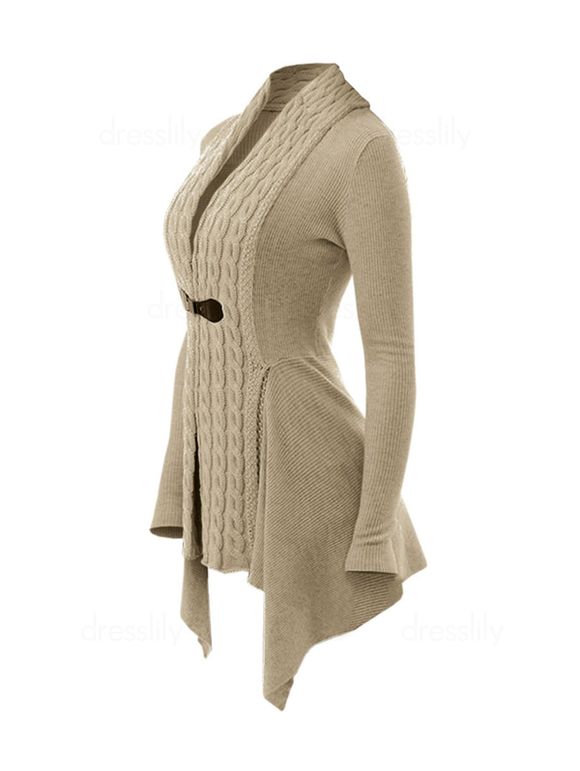 Cardigan Asymétrique Bouclé en Tricot à Câble - Kaki Léger S