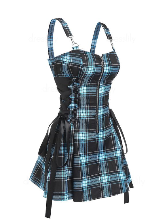 Vintage Plaid Print Mini Dress Lace Up Dress O Ring Half Zipper Strap Sleeveless Dress - BLUE L