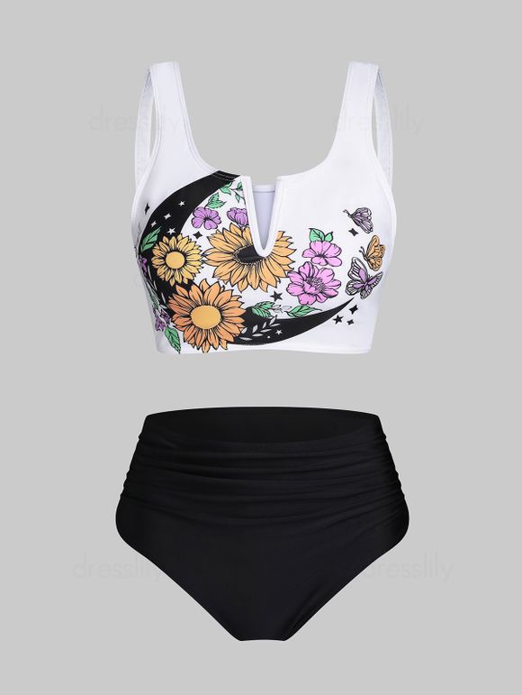 Vintage Tankini Swimsuit Tummy Control Swimwear Sunflower Print Ruched V Notch Beach Bathing Suit - BLACK XXXL