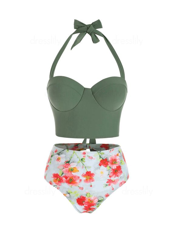 Vacation Swimwear Floral Print Cutout Corest Push Up Tankini Swimsuit - CAMOUFLAGE GREEN XL