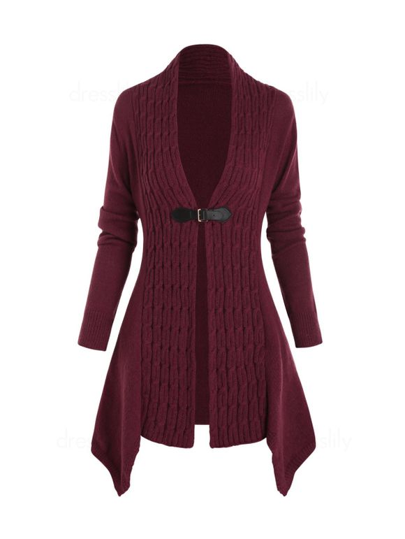 Cardigan Asymétrique Bouclé Ouvert en Avant en Tricot à Câble - Rouge foncé XXXL