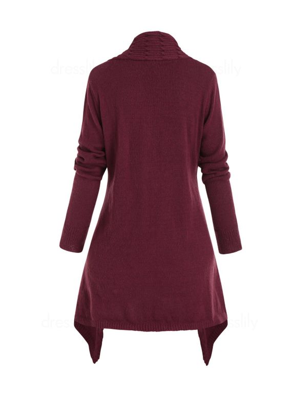 Cardigan Asymétrique Bouclé Ouvert en Avant en Tricot à Câble - Rouge foncé XXXL