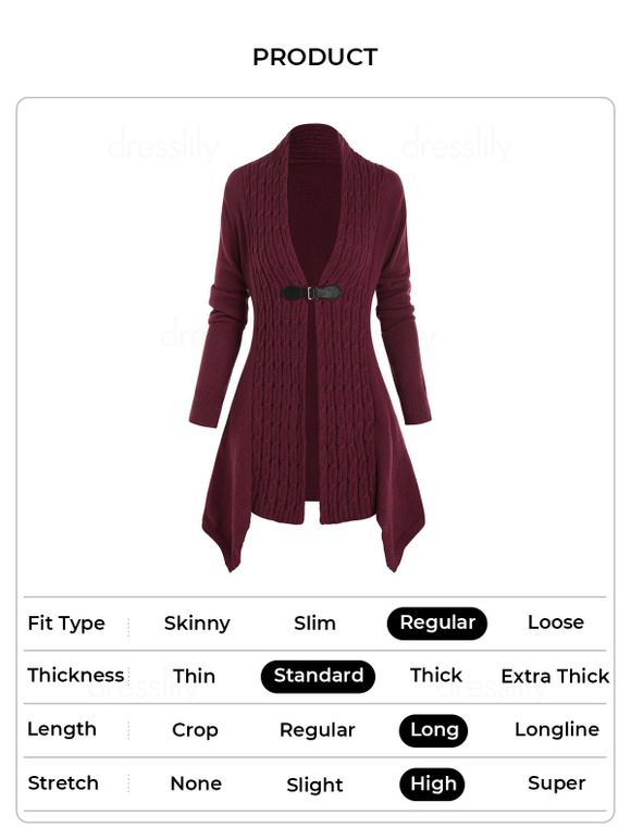 Cardigan Asymétrique Bouclé Ouvert en Avant en Tricot à Câble - Rouge foncé XXXL