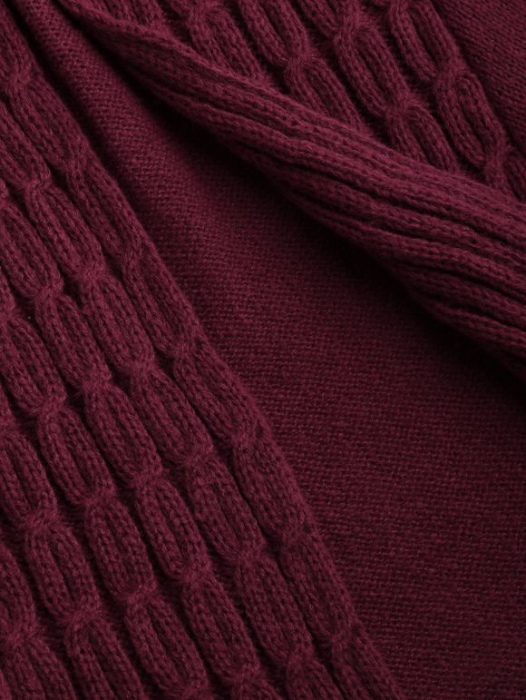 Cardigan Asymétrique Bouclé Ouvert en Avant en Tricot à Câble - Rouge foncé XXXL