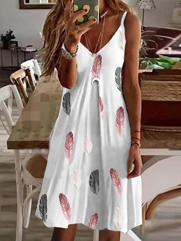 Feather Print Mini Dress V Neck Spaghetti Strap Dress Sleeveless Casual Cami Dress - WHITE L