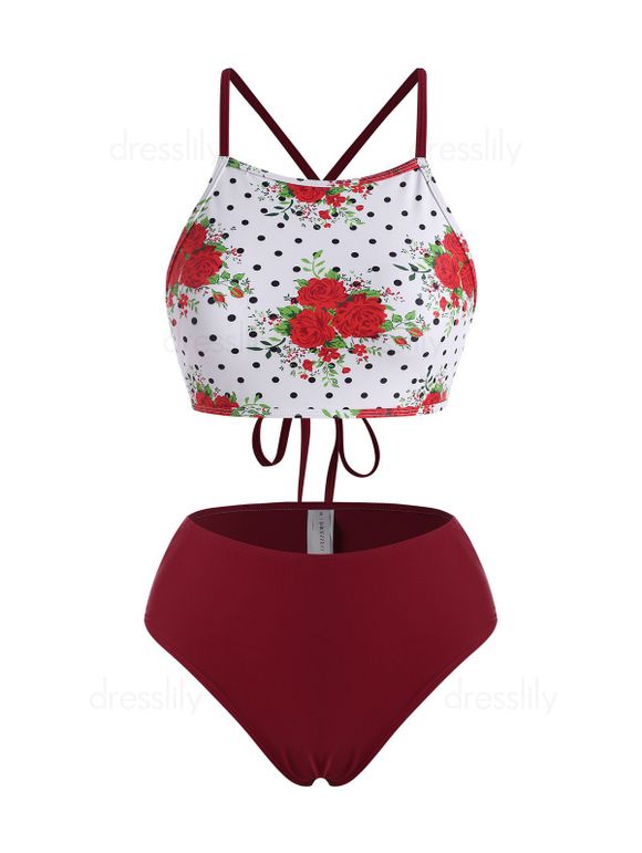 Criss Cross Flower Mix and Match Tankini Swimwear - DEEP RED XL