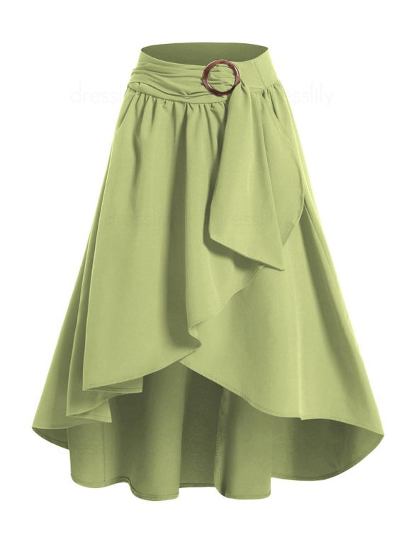 Overlay Skirt Solid Color Self Belted Ruffle Asymmetrical Hem Zip Up Midi Skirt - LIGHT GREEN XXL