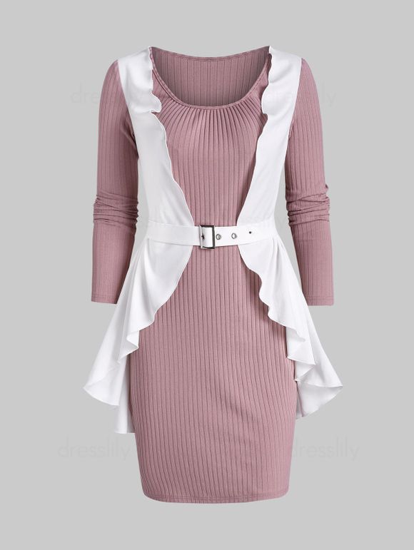 Ruffle Detail Ribbed Twofer Bodycon Dress - PINK L