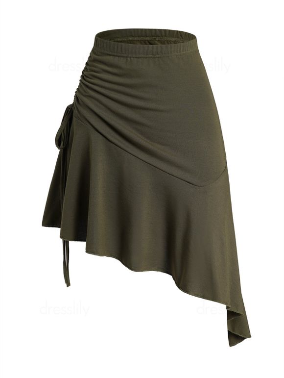 Plain Color Skirt Cinched Asymmetrical Hem Flounce Elastic Waist A Line Mini Skirt - DEEP GREEN L