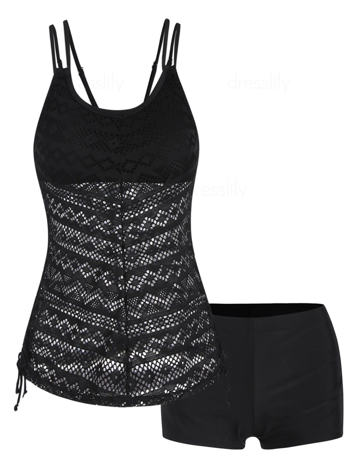 Dresslily Modest Tankini Swimsuit Crochet Bathing Suit Crisscross Cinched Hollow Out Boyleg Dual Strap Swimwear Set