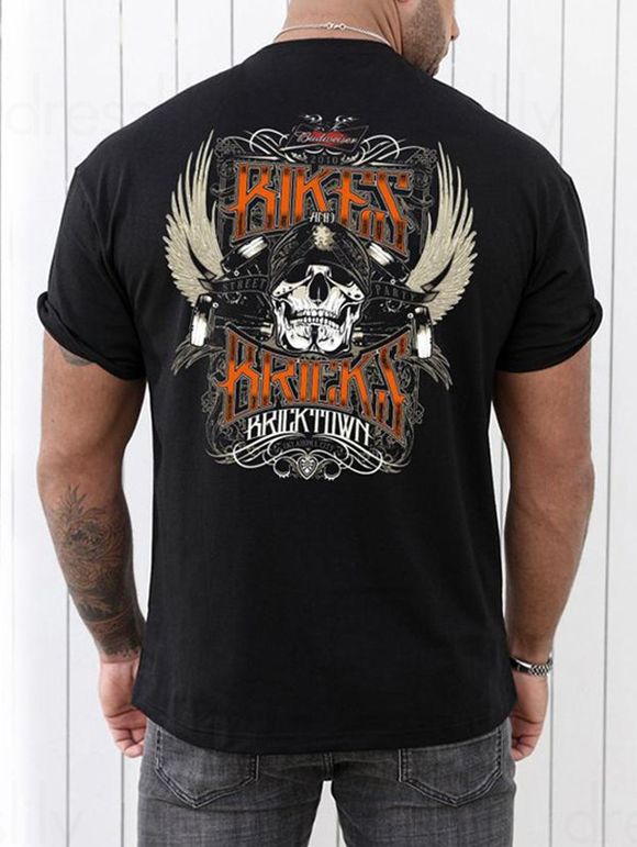 T-shirt Décontracté à Imprimé Aile de Slogan Crâne Graphique à Col Rond - Noir XXXL
