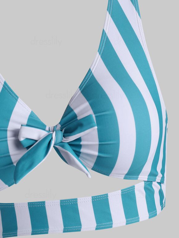 Maillot de Bain Tankini Découpé Croisé Fleuri Rayé Noué à Lacets de Vacance et Plage - Bleu S