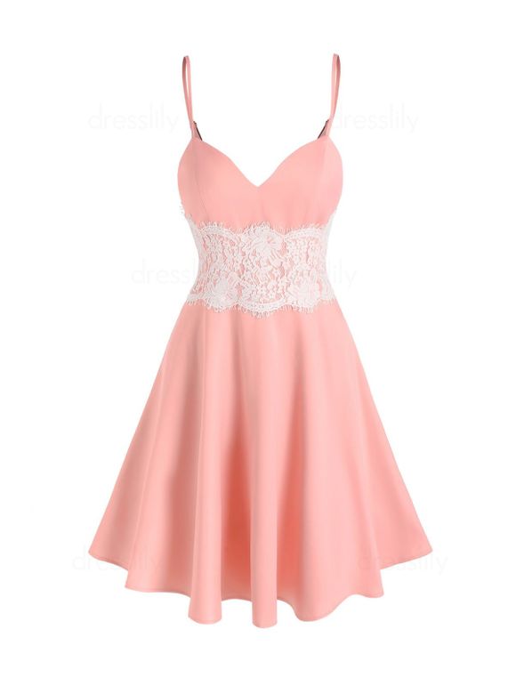 Flower Lace Panel A Line Mini Dress Party Sleeveless V Neck Strappy Cami Dress - LIGHT PINK XXL
