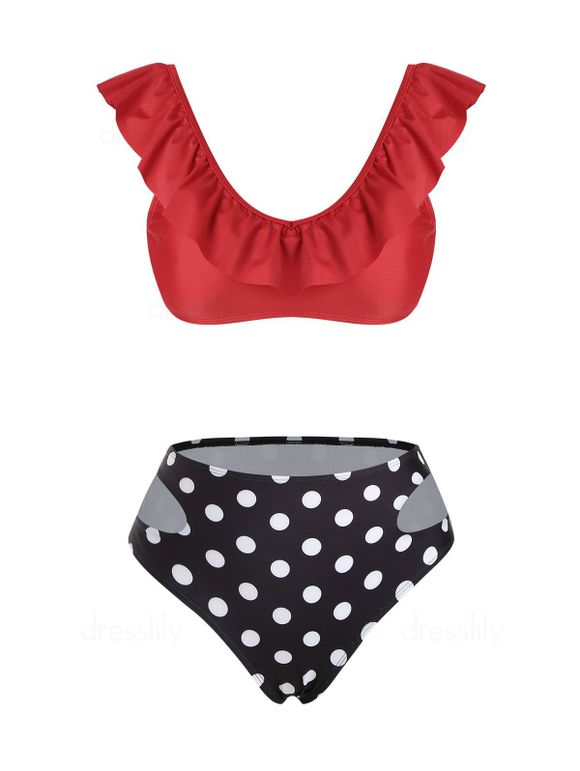 Maillot de Bain Bikini Découpé à Pois à Volants - Rouge XL