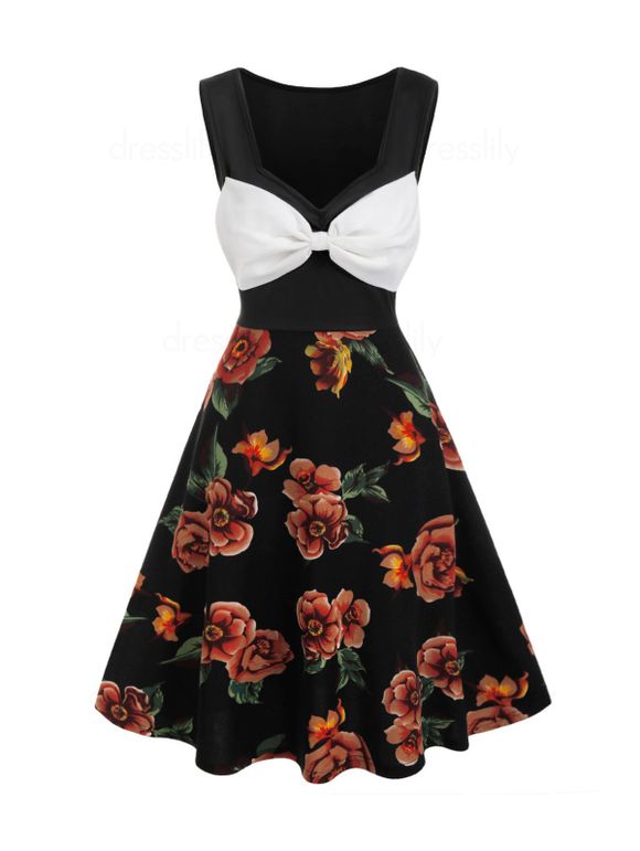 Bowknot Floral Pattern A Line Dress - BLACK L