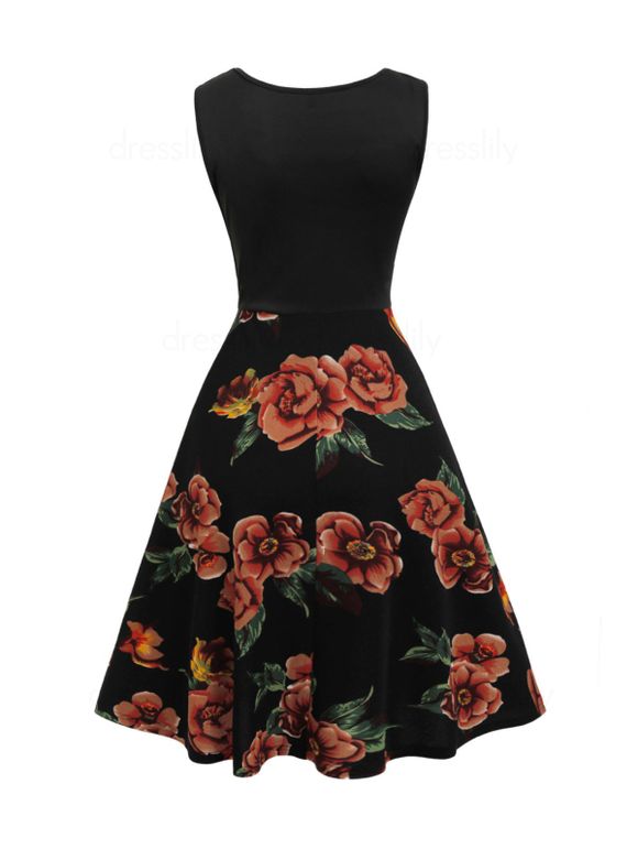 Robe Ligne A Motif Floral avec Nœud Papillon - Noir 3XL