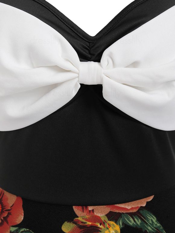 Robe Ligne A Motif Floral avec Nœud Papillon - Noir 3XL