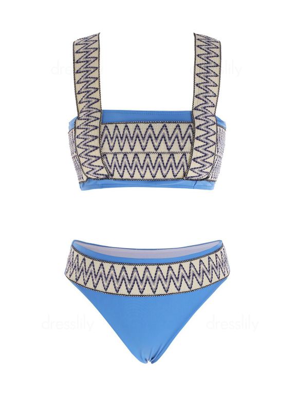 Maillot de Bain Bikini Brodé Zigzag à Col Carré de Plage - Bleu clair L