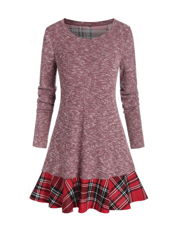 Tricot Chiné à Carreaux Inséré à Lacets au Dos - Rouge à Lèvres Rose 2XL