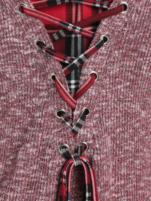 Tricot Chiné à Carreaux Inséré à Lacets au Dos - Rouge à Lèvres Rose 2XL