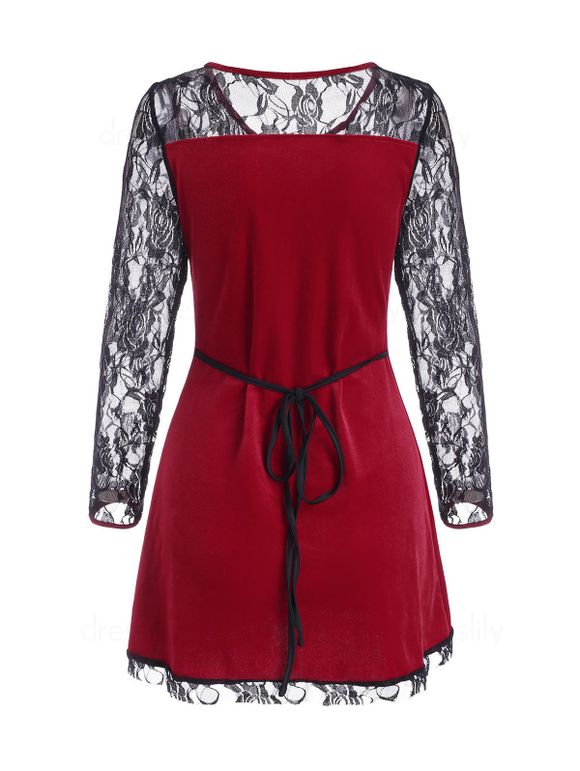 Haut Tunique en Velours Panneau en Dentelle à Lacets - Rouge M